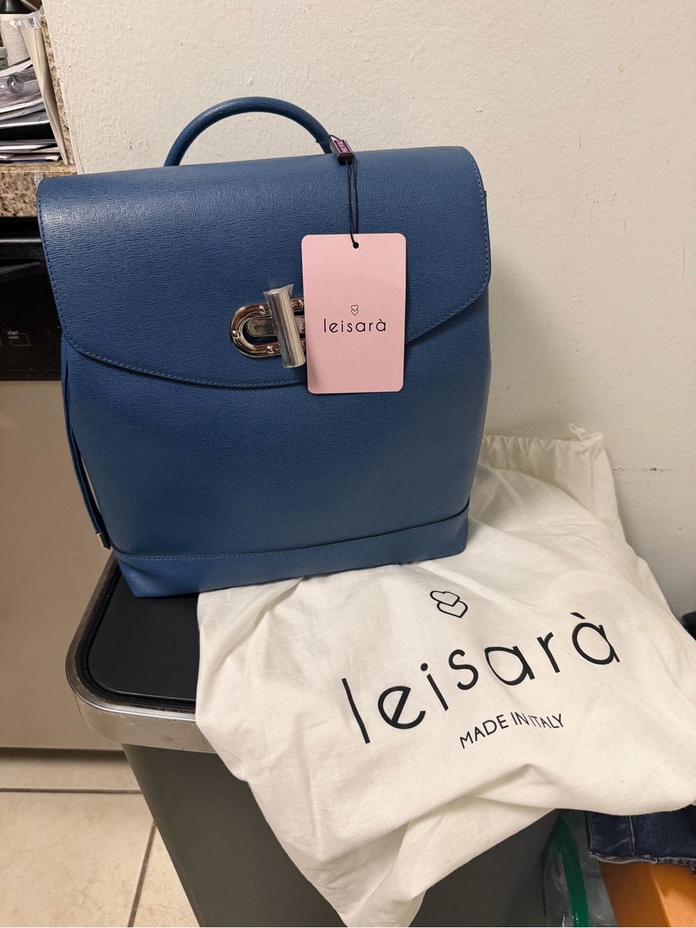 Leisara Elena Leather Convertible Backpack Top Handle Bag Blue Italian Made NWT